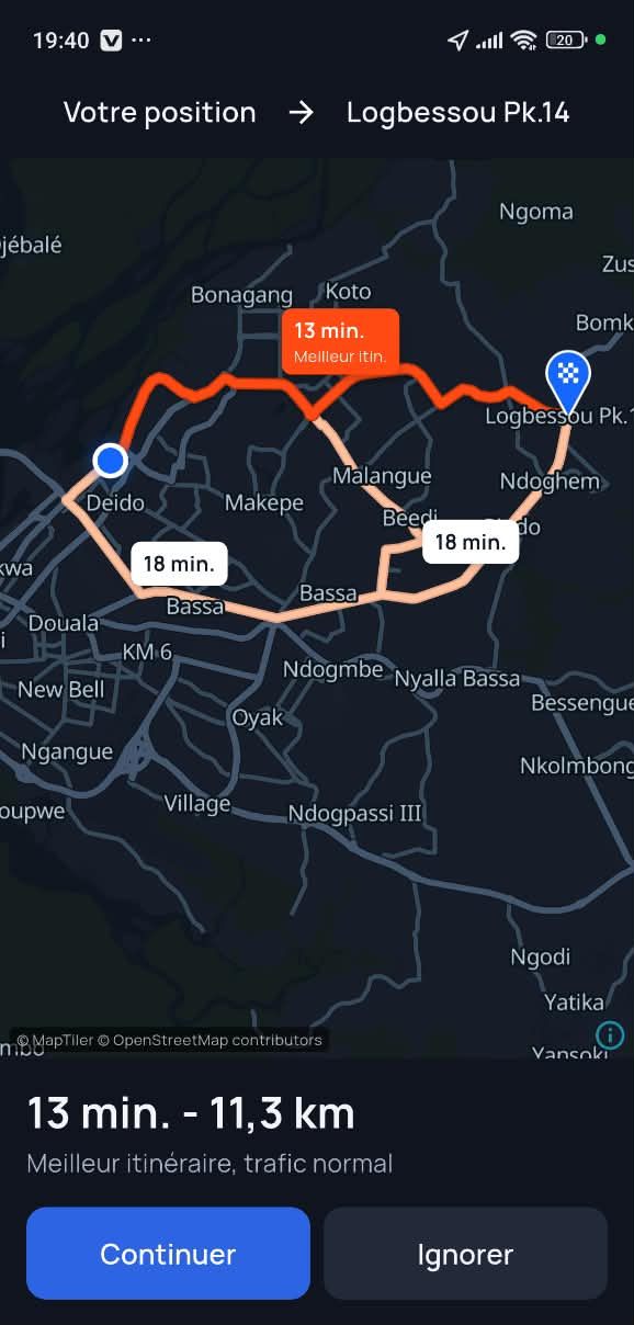 Choix d'itinéraire à Douala, de Deido vers Logbessou PK 14 : 13 minutes pour 11,3 km par le meilleur itinéraire, contre 18 minutes par les deux autres
